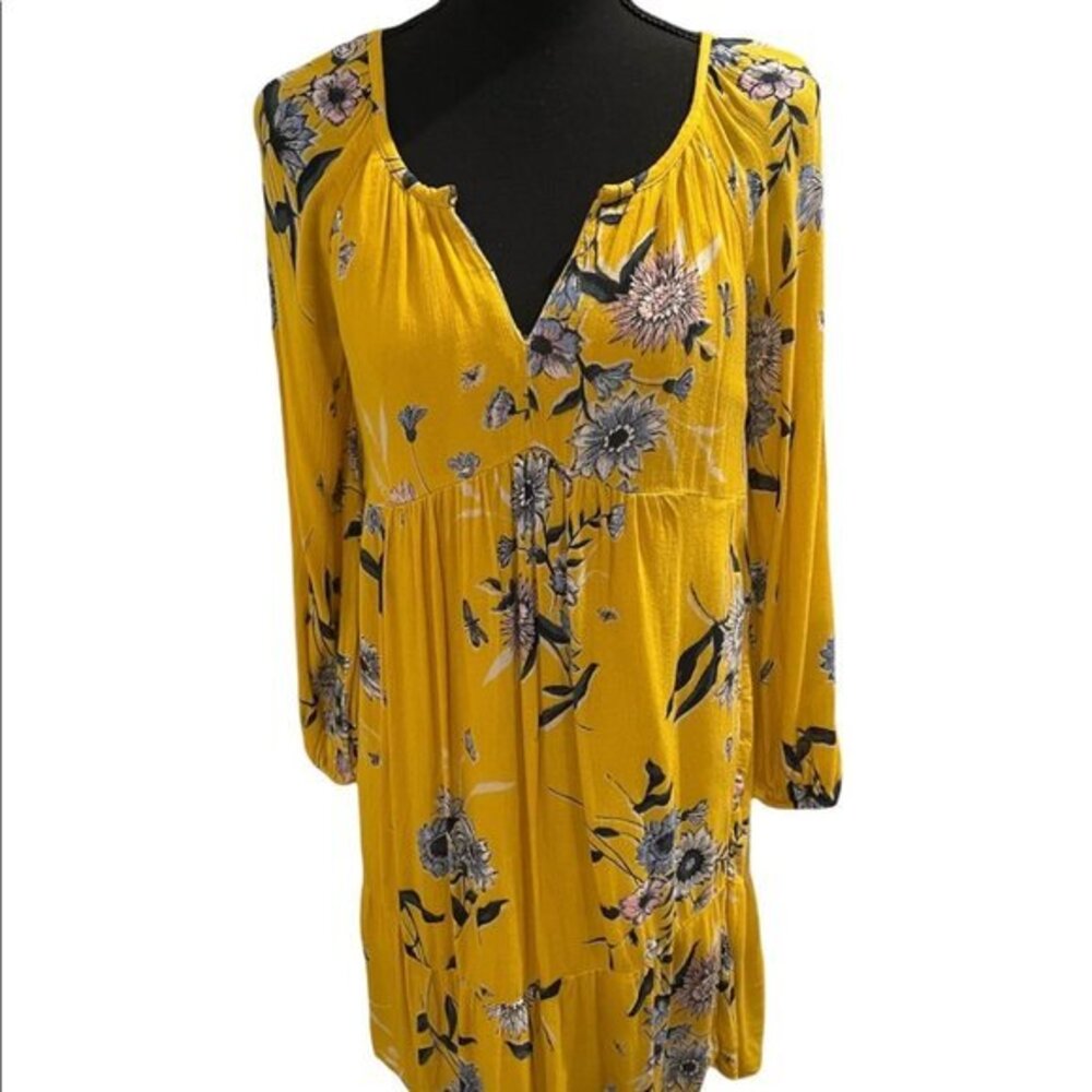 Old Navy Mustard Yellow Floral Babydoll Mini Dress Long Sleeve XS
